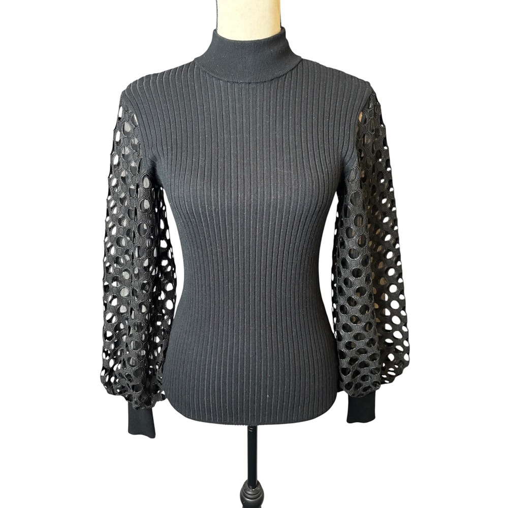 Calligraphie Womens Black Ribbed Mock Neck Sweater Eyelet Balloon Sleeve Medium